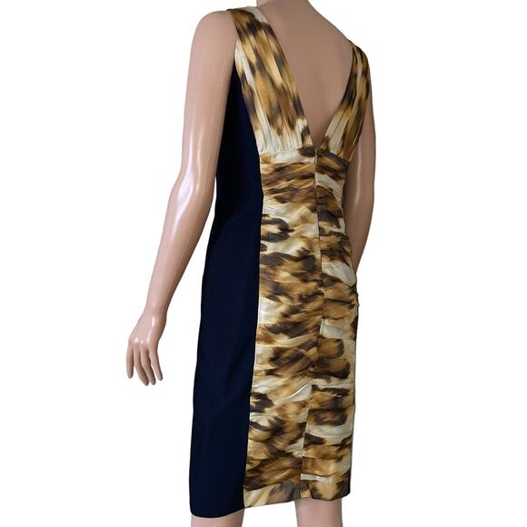 Carmen Marc Valvo Womens Silk Animal Print Ruched Body Con Dress Brown SZ 4 - Picture 3 of 12